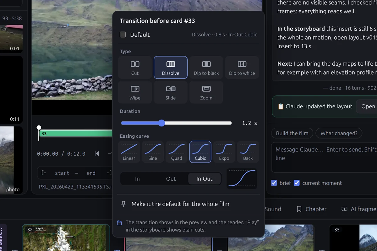 The transition editor between two cards: dissolve, dip to black or white, wipe, slide and zoom, a duration slider and easing curves from linear to back, in, out or in-out.